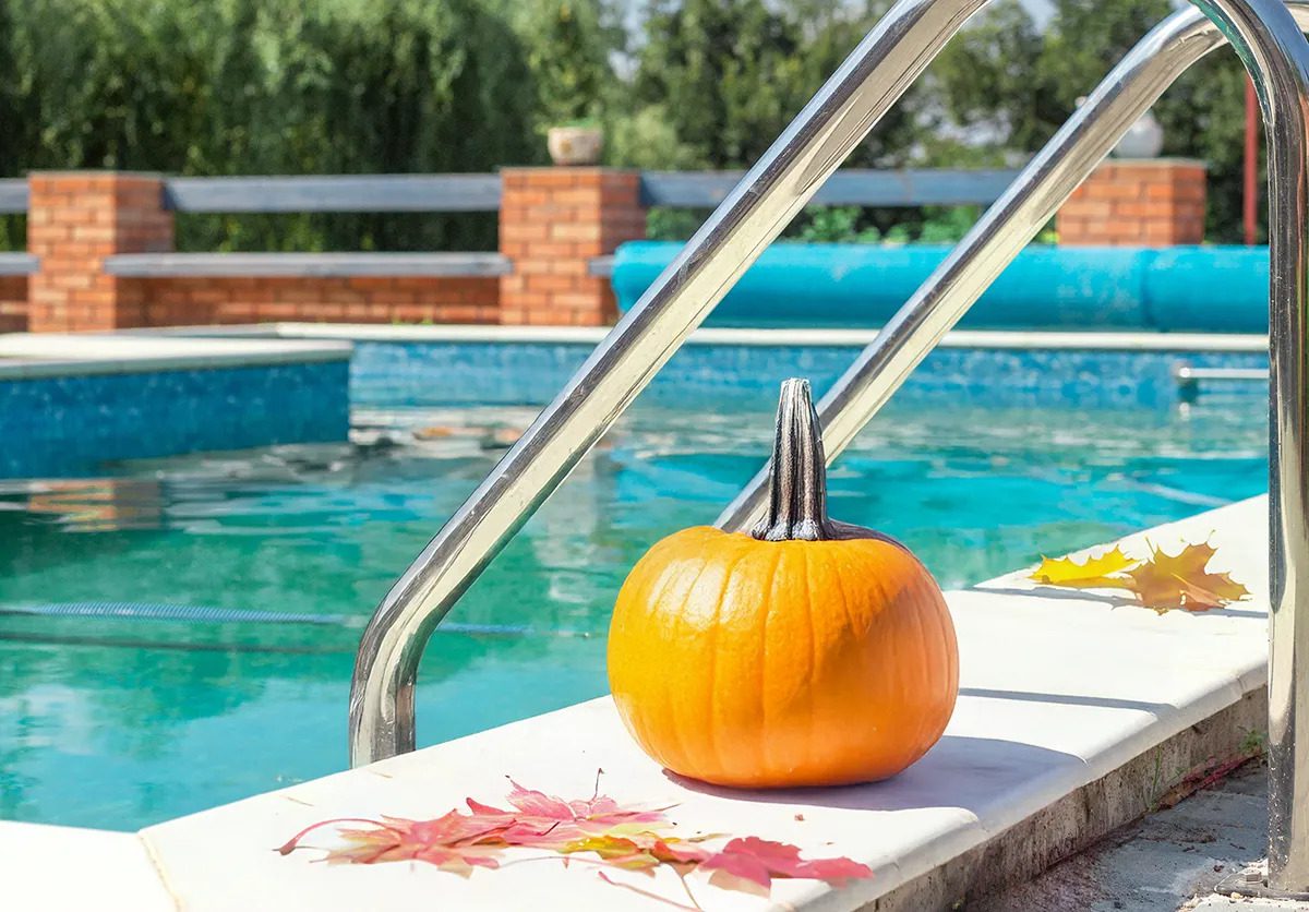 A small pumpkin by a poolside with autumn leaves.